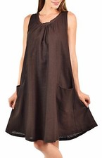 Women Sleeveless Linen Summer Dress w/Bow Tie Back Reg & Plus Sizes Brown