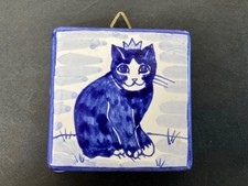 Hand Painted Ceramic Tile: Blue Kitten princess Cat with Crown 2" x 2"