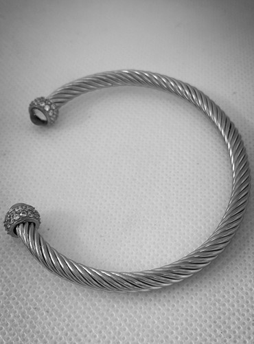 Hanora Stainless Steel Cable Blue Topaz cabochon End Bangle With CZ Stones 7 " - Picture 4 of 7