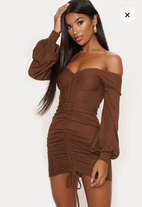 bardot ruched bodycon dress