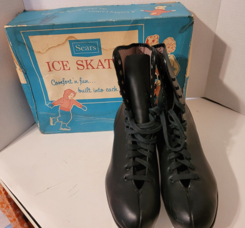 Vintage SEARS Black Leather Lace-up Ice Skates Mens Size 9 Imperial Tempered - Picture 1 of 20
