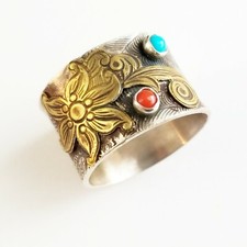 Handmade Sterling Silver Patterned Band  Floral Brass Overlay, Turquoise, Coral