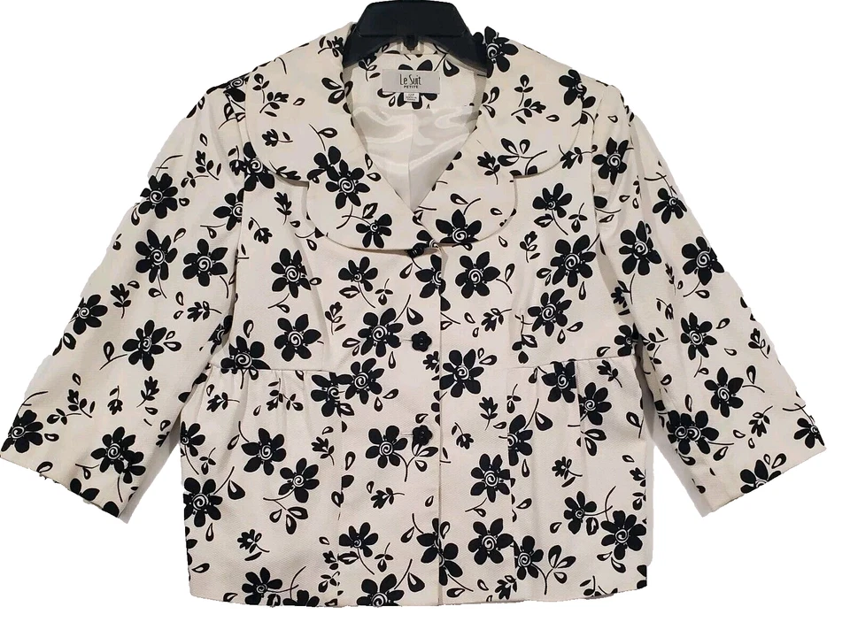 Le Suit Petite 女式 2 件套礼服 12P 码黑色白色花卉夹克和 — 第 4/4 张图片