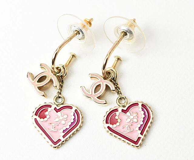 Chanel Earrings Heart Drop, Pink Crystals, Gold Hardware, New in Box GA001