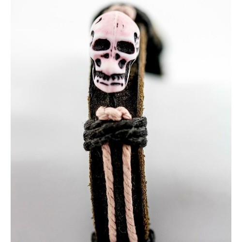 Brown & Pink Leather & Cord Adjustable Bracelet Skull Bead Goth - Bild 2 von 6