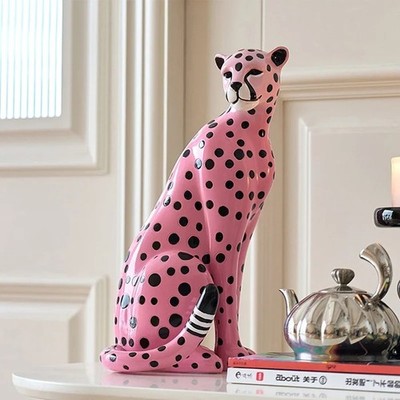 Rosa Leopard Gepard Figur große Katze Tier TV Schrank Büro Zimmer Wohndeko