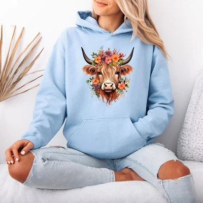 GOFASHIONDIRECT Highland Cow Farm Animals Womens Hoodie Floral Graphic Pullover