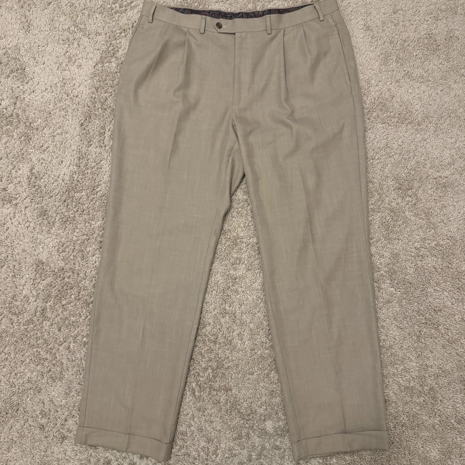 Ralph Lauren Mens Dress Pants Beige Poly Rayon Straight Cuffed Pleated 40x32