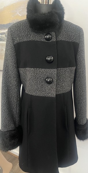 South Black Grey Wool Blend Coat Faux Fur Trim Giant Buttons UK 10