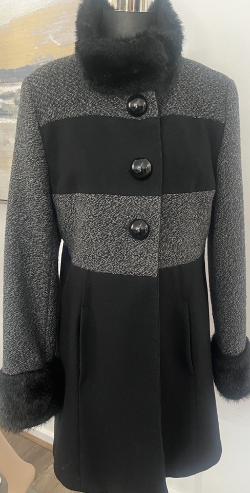 South Black Grey Wool Blend Coat Faux Fur Trim Giant Buttons UK 10