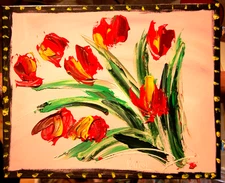 TULIPS ABSTRACT  IMPRESSIONIST RED ORIGINAL OIL  PAINTING  CANADIAN FIUFF