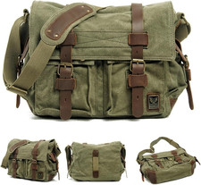 Vintage Leather Canvas Messenger Bag - Medium Crossbody Satchel for Laptops
