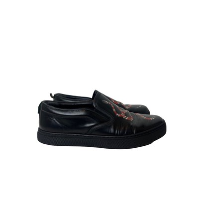 Gucci Black Leather Snake Print Slip On Sneakers, Size 7