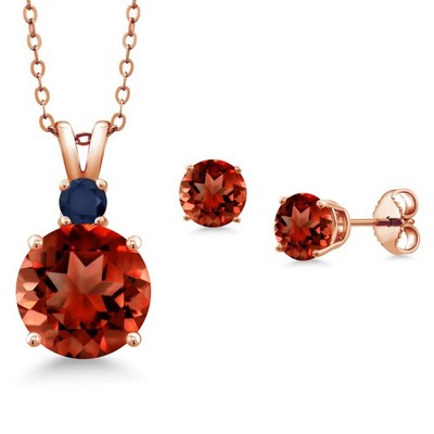 18K Rose Gold Plated Silver Garnet and Sapphire Pendant Earrings Set For Women