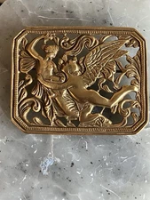 VINTAGE BRASS CUPID & PSYCHE MINI PLAQUE 1.75'x 1.5" MUSEUM REPRODUCTION 0.5oz