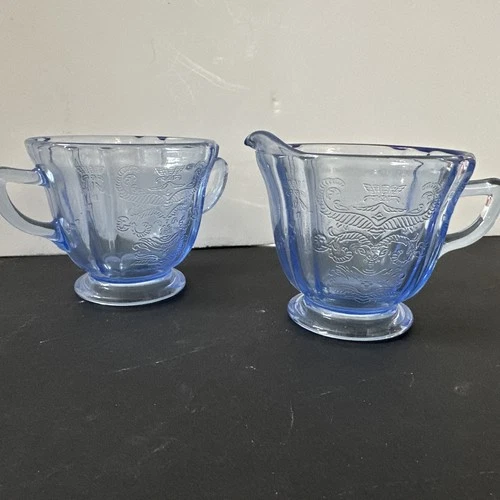 Vintage Recollection Blue Creamer and Open Sugar Depression Glass, Indiana Glass
