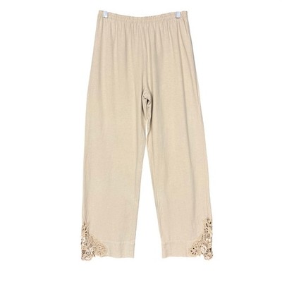 Soft Surroundings Pants Womens Small Tan Cotton Crochet Lace Hem Pull On 28x30