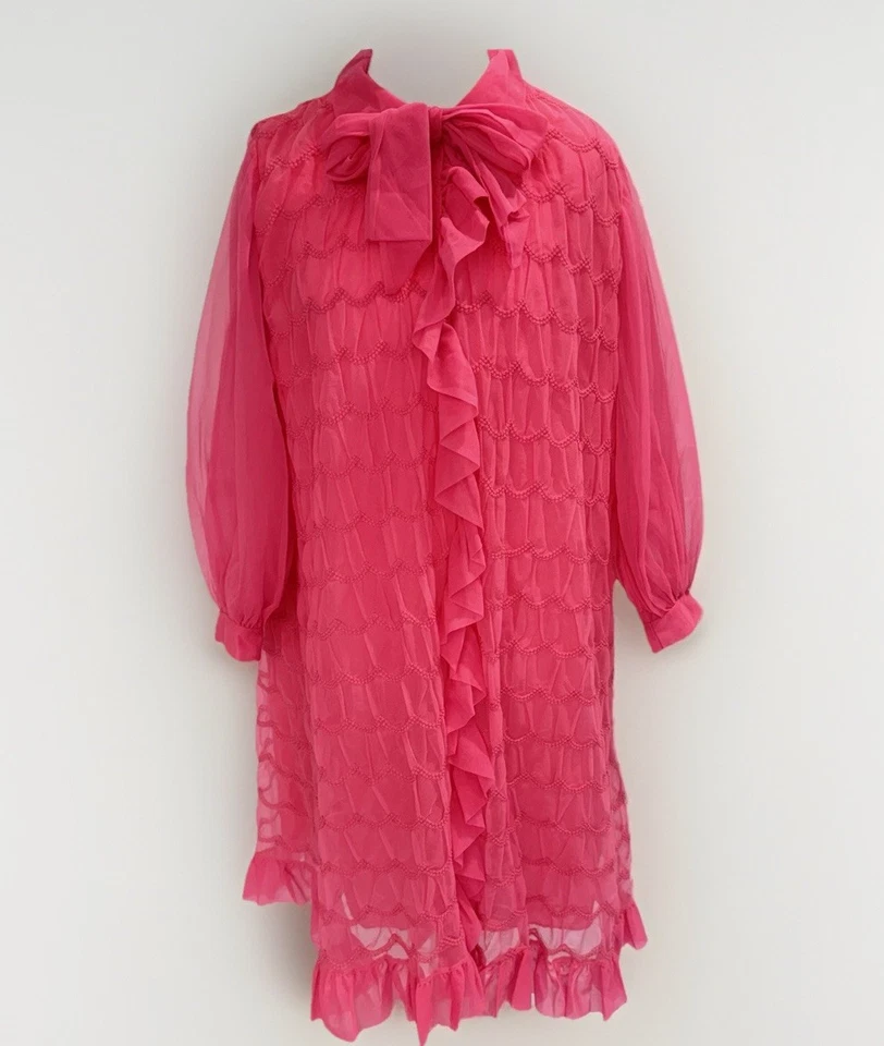 Odette Barsa Vintage Pink Chiffon Ruffle Peignoir Robe Bow Neck Glam 60s Retro - Image 4 of 4