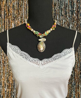 large abalone pendant Statement pearl necklace, choker, for women Handmade USA
