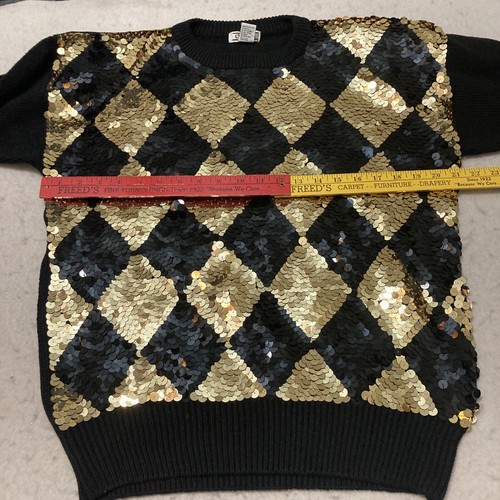 Black & Gold Diamond Shaped Sequined Sweater Christina SZ M Holiday - Picture 5 of 18