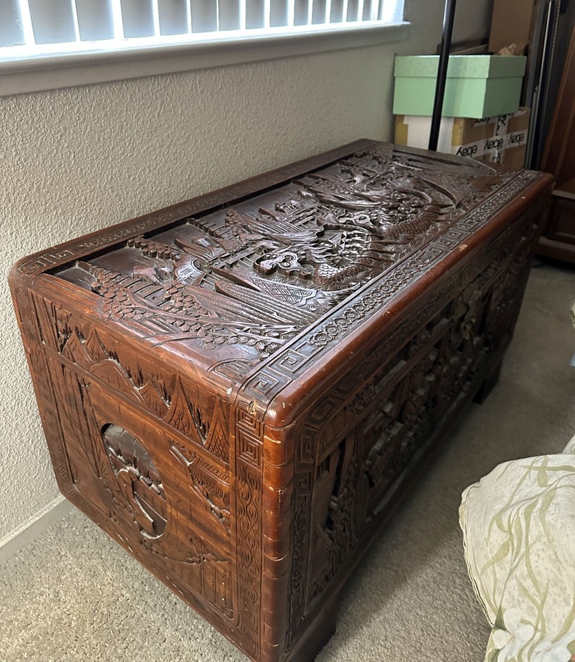 Chinese Hand Carved Vintage Camphor Wood Hope Chest Dragon Boats Local