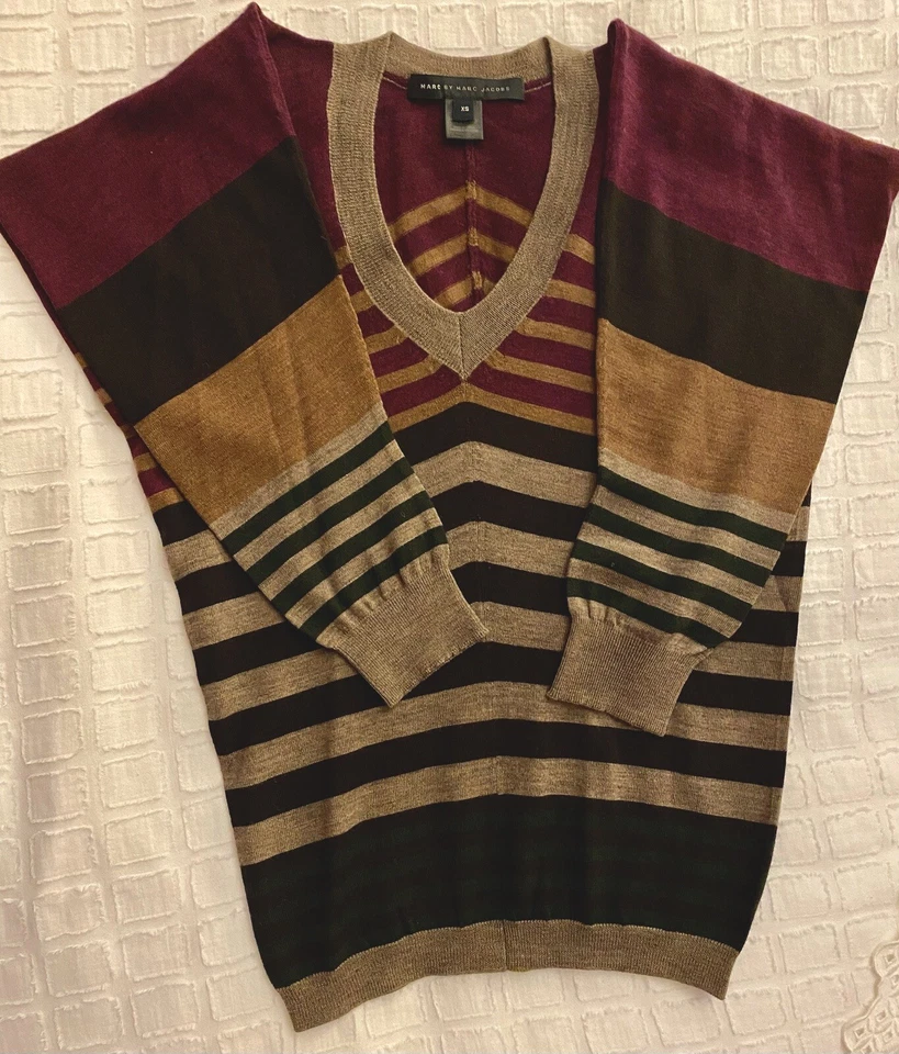 Suéter Usado Una Vez MARC JACOBS Rayas Polvoriento Marrón Melange Multi Lana Merino XS Foto 4 de 4