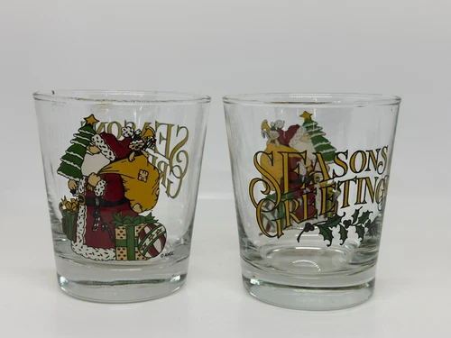 VTG Anchor Hocking "Seasons Greetings" Set of 2 Glasses Santa Claus Christmas
