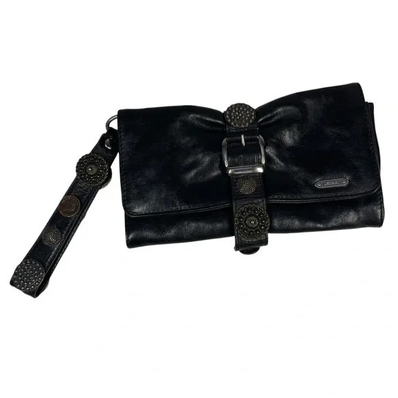 Just Cavalli Bolso sin asas de cuero negro Bolso Cartera Muñequera Medallón Roberto