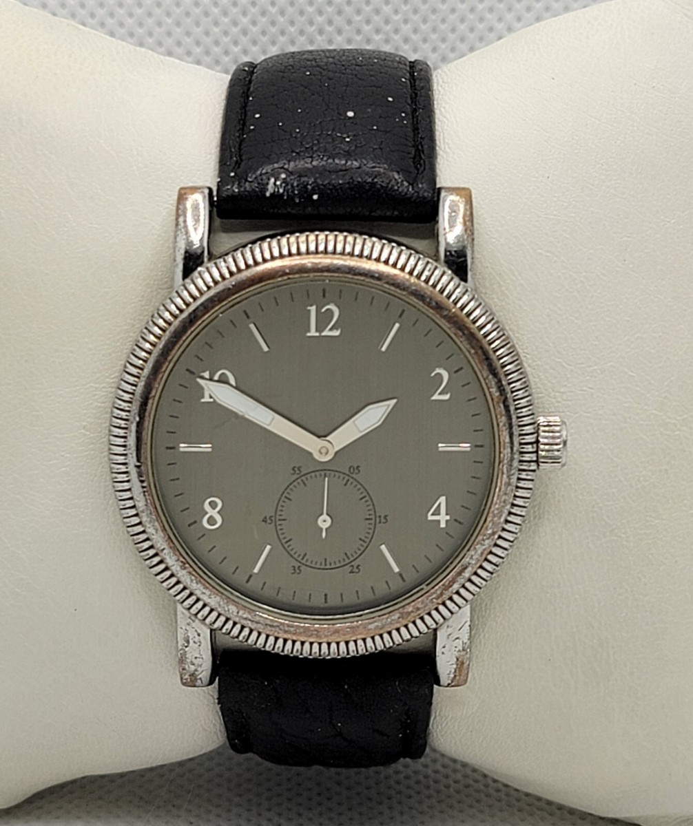 Mens Island Republic Silver Tone Small Second Hands Black Leather Band  Watch I9