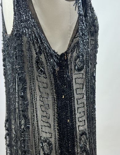 Antique 1920s Art Deco Beaded Dress Net Lace Black Sheer Fringe Gown As Is - Picture 13 of 14