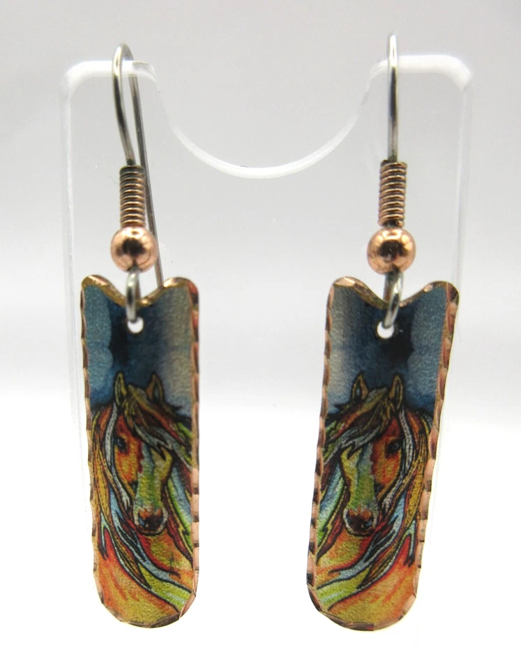 1" Handmade Boho Copper Estuarian Colorful Horse Drop Earrings Etched Artisan - Image 2 of 4