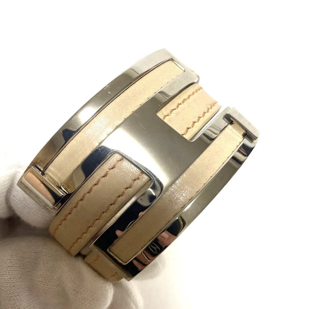 HERMES Puspus MM Bracelet Bangle Beige Leather Silver Hardware Ladies