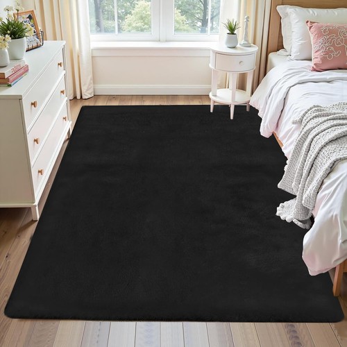Alfombra de área de conejo de piel sintética suave mullida negra alfombra lavable alfombra peluda difusa de lujo - Imagen 13 de 22