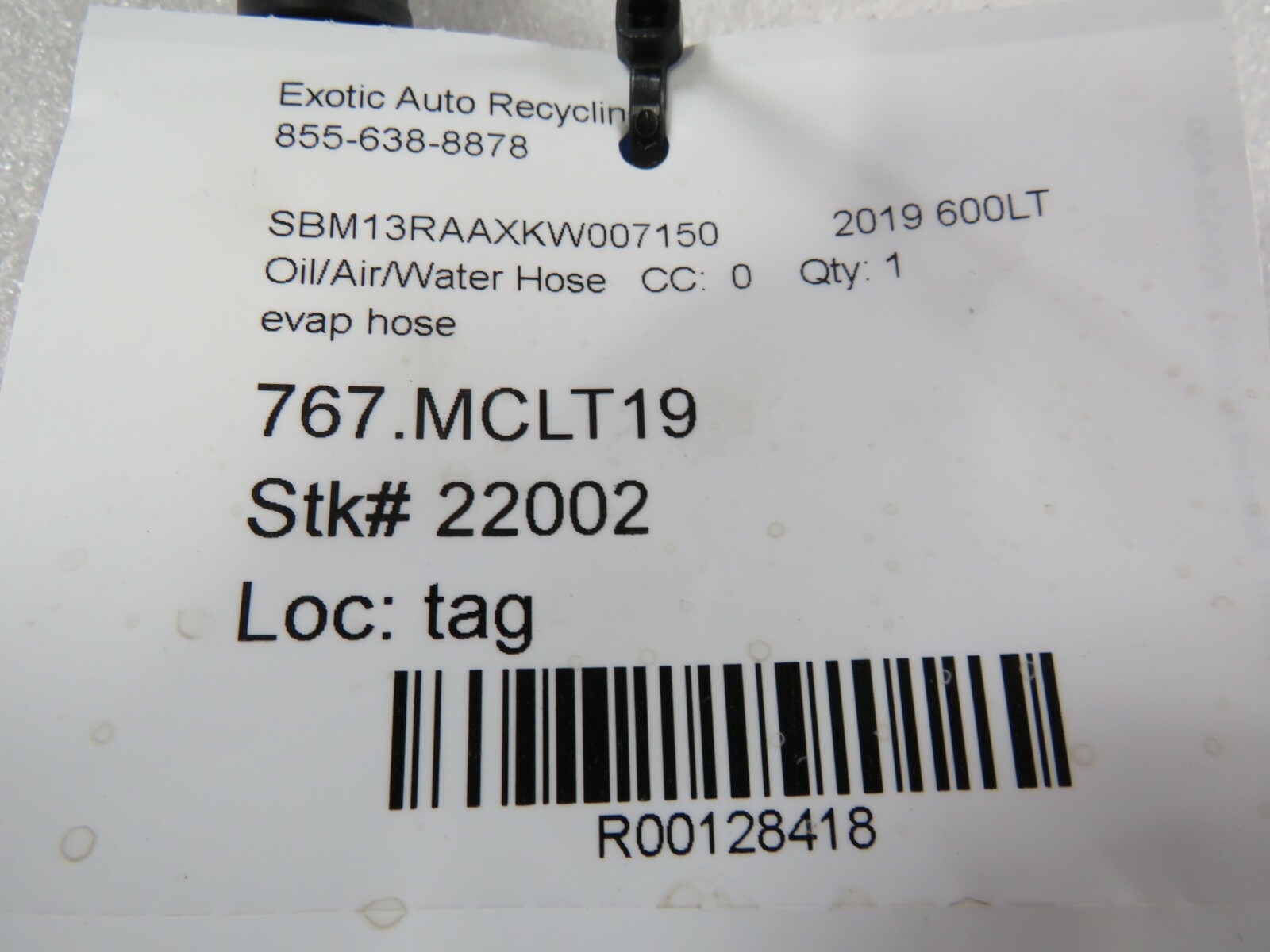 Mclaren 600LT, Evaporator Hose, Used
