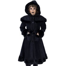 Poison Industries Black Long Coat Witchy Witch Wear Faux Fur Cloak Hood Goth Xl