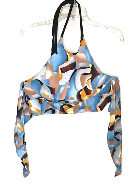 Women s Junior M Tie Back Halter Geometric Print Blue Black Brown Multicolored