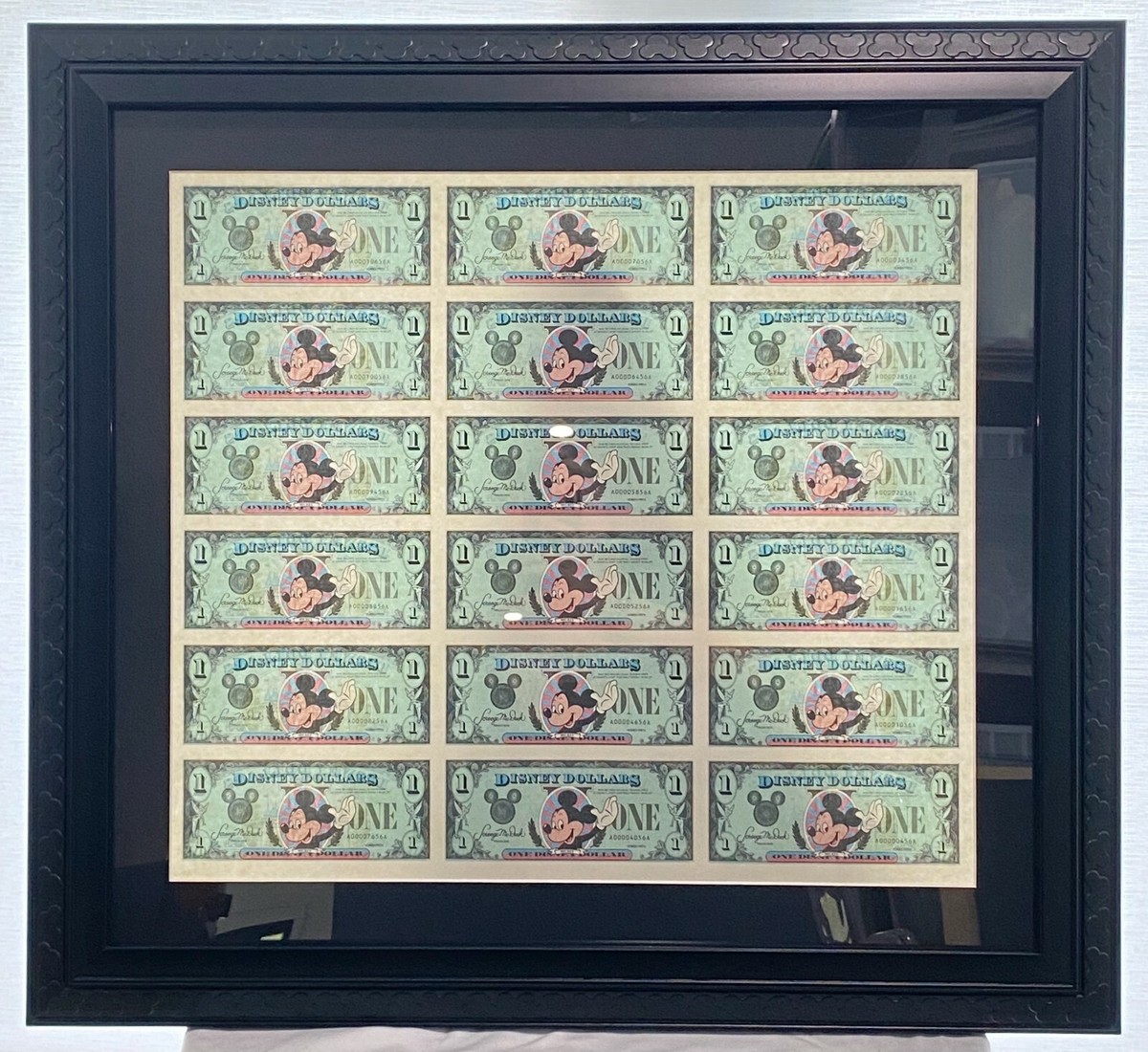 Disney Parks Disney Dollars Framed Uncut Sheet $1 Mickey 1987
