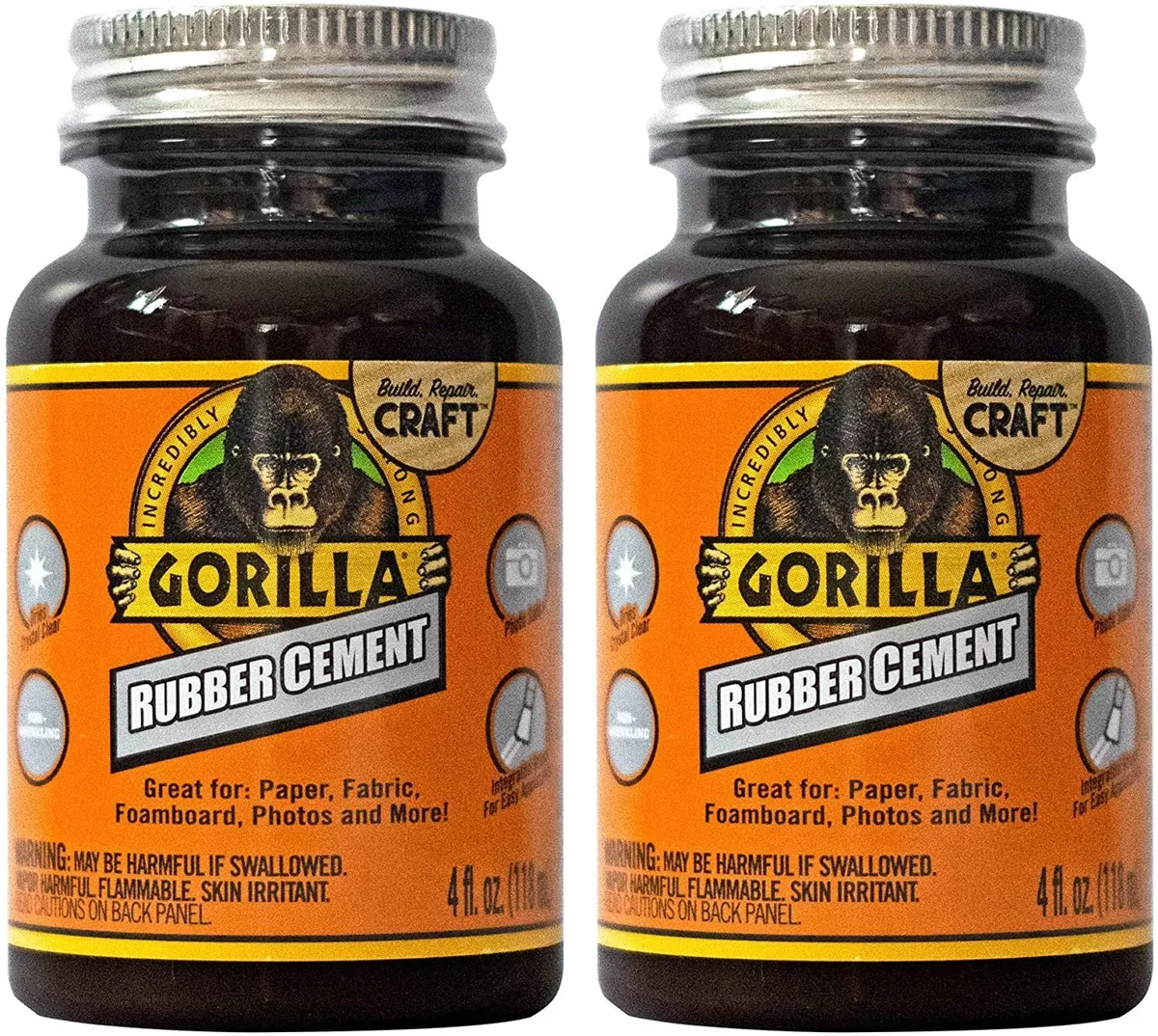 Gorilla Rubber Cement with Brush Applicator, 4 Ounce, Clear, (Pack of 2)