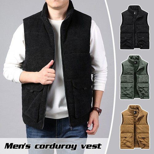 Men's Corduroy Vest Plush and Thickened Vest Multi Pocket Down Cotton