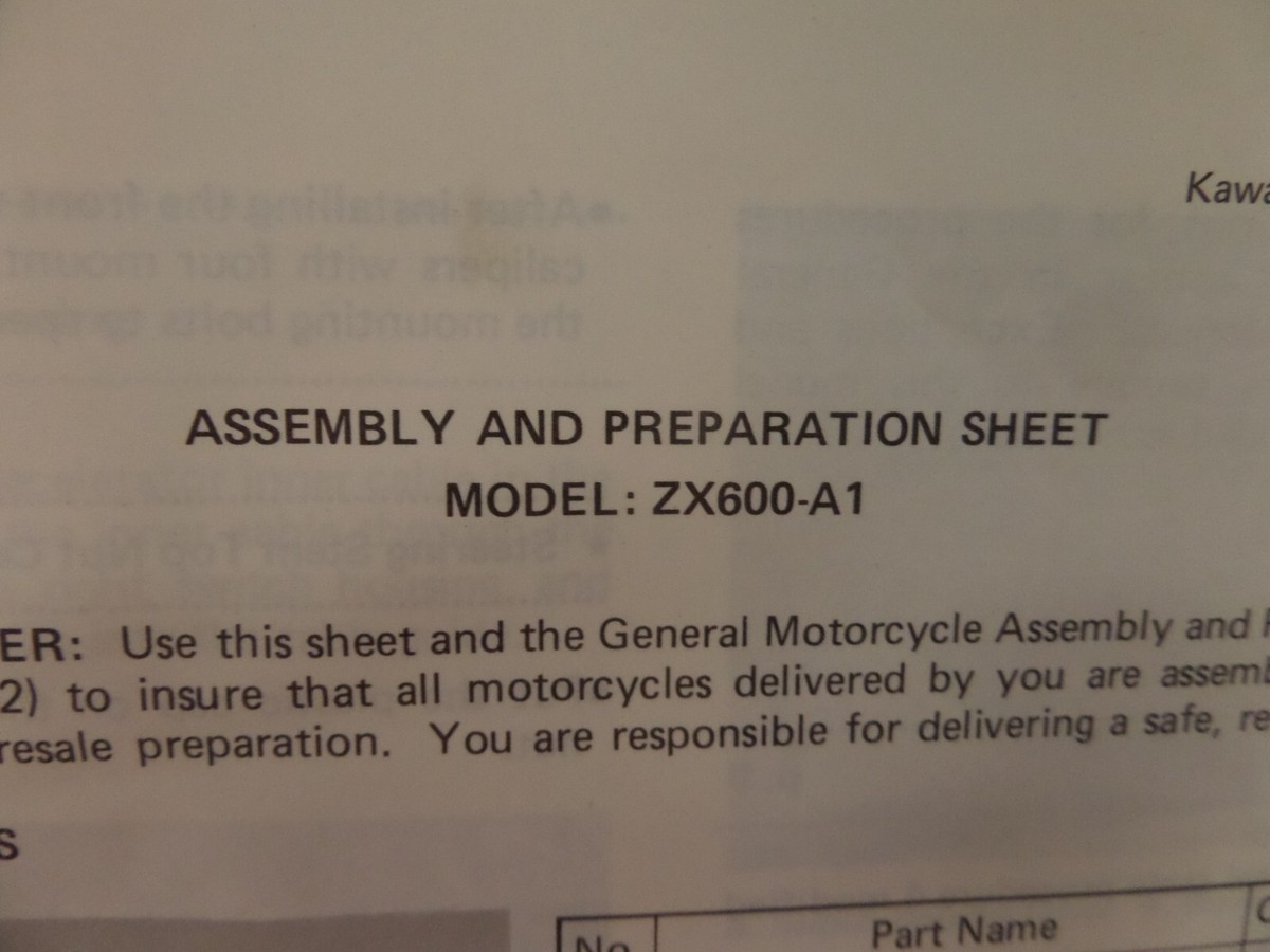 Kawasaki Factory Assembly & Preparation Sheet Model 1985 ZX600-A1