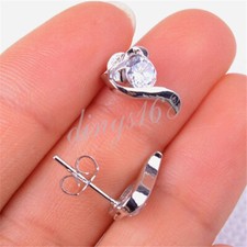Classic Solid 925 Sterling Silver Crystal Curved Open Heart Post Earrings G1120