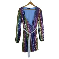 Boohoo Rainbow Sequin Wrap Mini Dress Multi Color Festival Party Sparkly Size 6