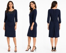 Adrianna Papell Navy Blue Ruched Beaded Wiggle Dress Sheath Cocktail Party Sz 8