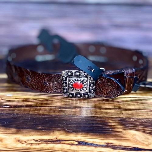 Lucky & Blessed Girl’s Genuine Leather Belt, Brown with Red Conchos - Picture 5 of 17