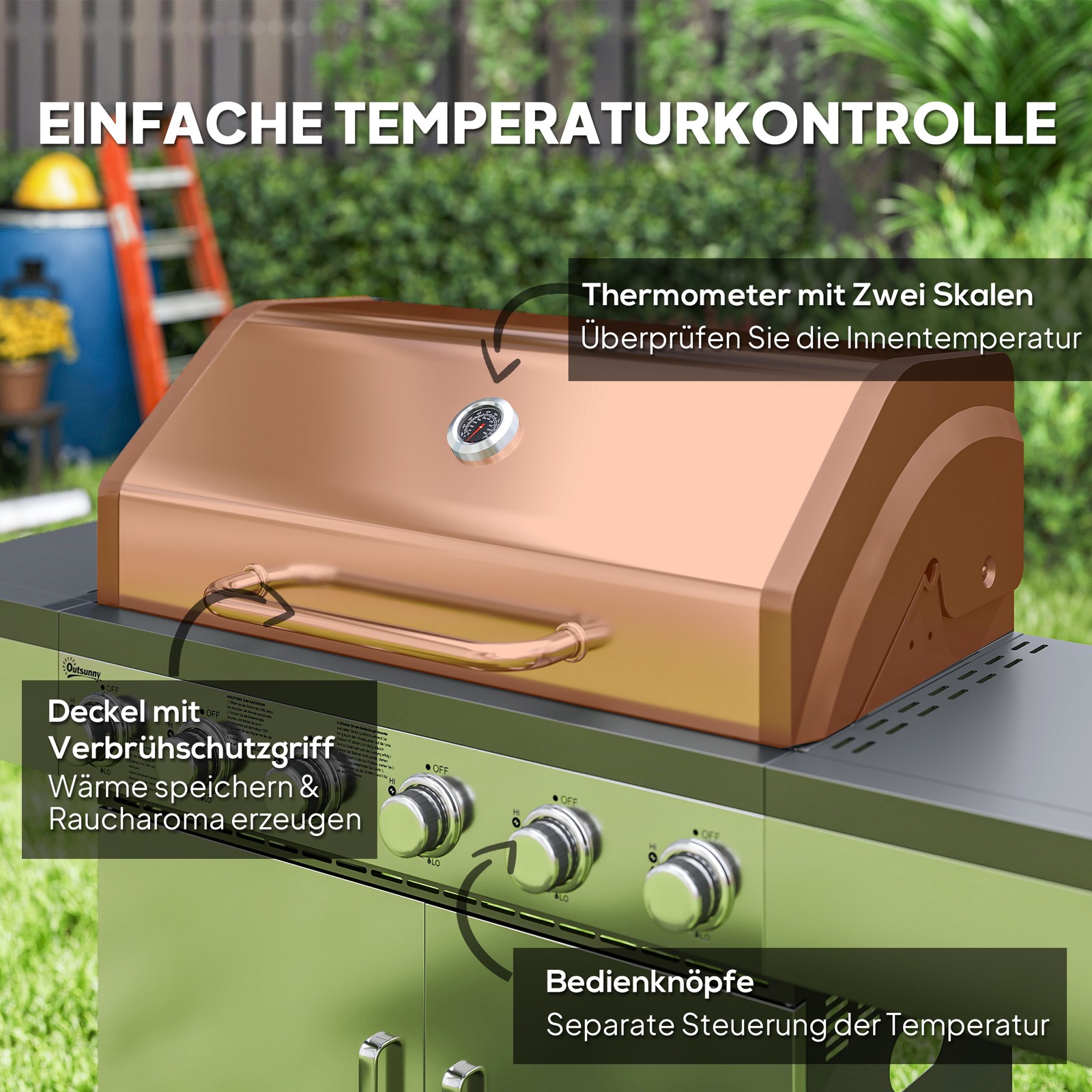 Gasgrill 8500BTU Grillwagen inkl 6 Edelstahl-Brenner Rolle Thermometer Silber