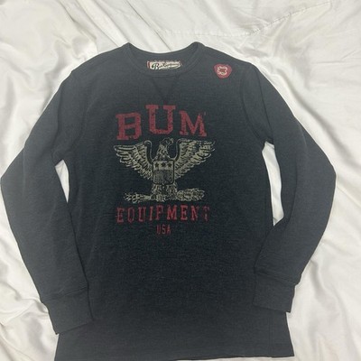 Bum Equipment Waffle-Knit Vintage Wash Graphic Pullover Sweater Black Red L USA
