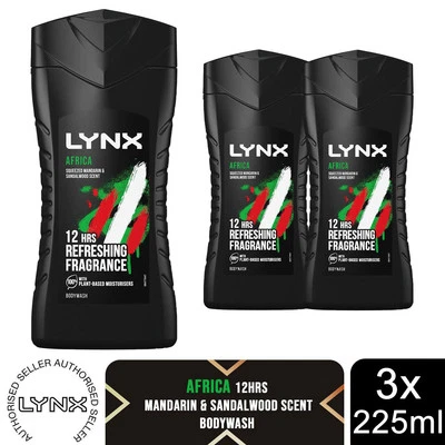 Lynx Africa 12-H Refreshing Fragrance Shower Gel Body Wash for Men, 3x225ml