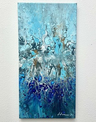 Original Abstract Acrylic Pour Painting Coastal Ocean Blue Signed Canvas Art