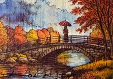 ORIGINAL Hand Painted Pen and Watercolor (ACEO) Wistful Thoughts on a Rainy Day