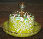 Vintage Yellow Floral Painted Butter Pat Dish Holder Cadmium UV Glows Orange — photo 1